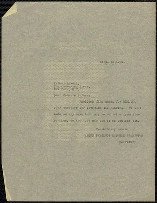 Sacco-Vanzetti Defense Committee typed note (copy) to Esther Lowell (The Federated Press), Boston, Mass., September 22, 1926