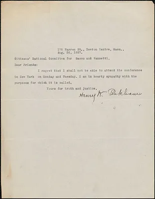Henry W. Pinkham typed note signed to Citizens National Committee for Sacco and Vanzetti, Newton Centre, Mass., August 26, 1927