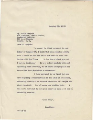 Letters Sent to Josiah Stryker, December 18, 1925