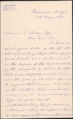 Letter from Jefferson Davis, Beauvoir, Missi., to Darwin C. Pavey, 1884 May 4