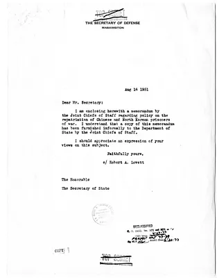Memorandum from Secretary of Defense Robert Lovett to Secretary of State Dean Acheson, with Attached Memorandum from the Joint Chiefs of Staff