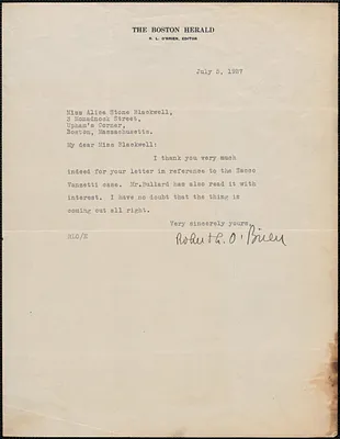Robert L. O'Brien (The Boston Herald) typed note to Alice Stone Blackwell, Boston, Mass., July 5, 1927