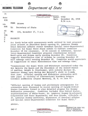 Telegram from the Canadian Government to the U.S. Secretary of State Regarding Saint Lawrence Seaway Opening Ceremonies