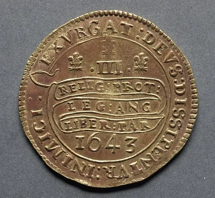 Triple Unite or Three Pound Piece: Declaration on Scroll with Three Plumes (reverse)