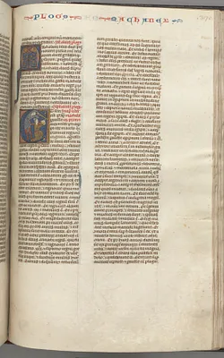 Fol. 370r, Maccabees I, historiated initial E, Mathathias slaying the idolatrous Jew