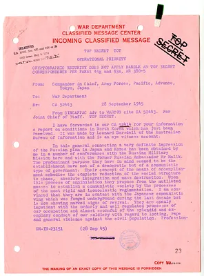 Telegram from General Douglas MacArthur to the War Department
