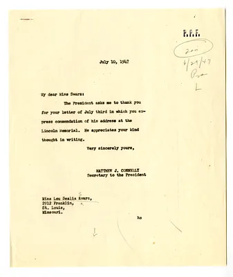 Letter from Lou Sealia Swarz to President Harry S. Truman with a Reply from Matthew Connelly