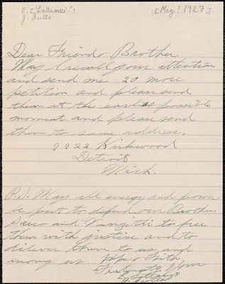 E. [Lattanzi?] autograph note signed to Sacco-Vanzetti Defense Committee, Detroit, Mich., [May? 1927]