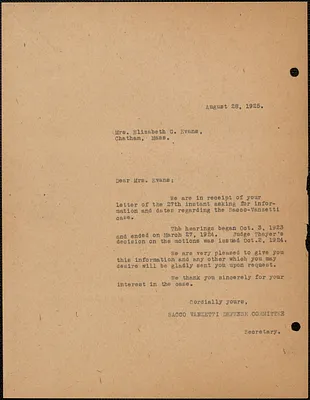 Sacco-Vanzetti Defense Committee typed letter (copy) to Elizabeth G[lendower] Evans, Boston, Mass., August 28, 1925