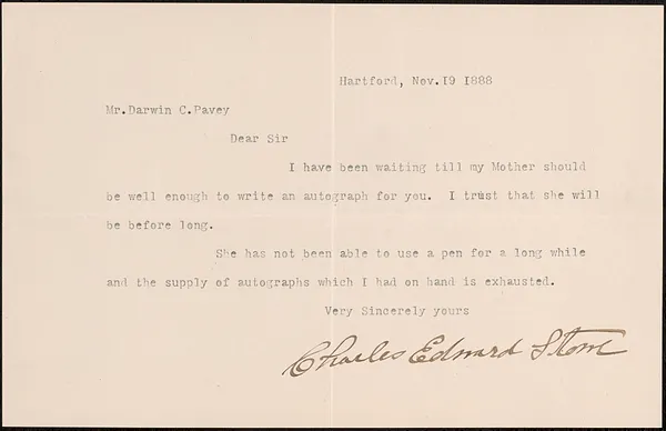 Letter from Charles Edward Stowe, Hartford, to Darwin C. Pavey, 1888 November 19