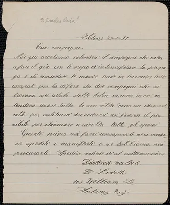 P. Lodetti autograph letter signed, in Italian, to [Emilio Coda?], Solvay, N. J., August 23, 1921