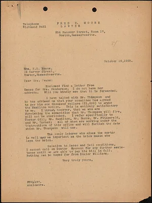 Fred H. Moore typed letter (copy) to E[lizabeth] G[lendower] Evans, Boston, Mass., October 19, 1923