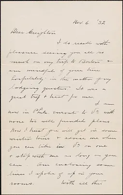 Fitch Ingalls autograph letter signed to Creighton [J.] [Hill, Philadelphia, Pa.], November 6, 1932
