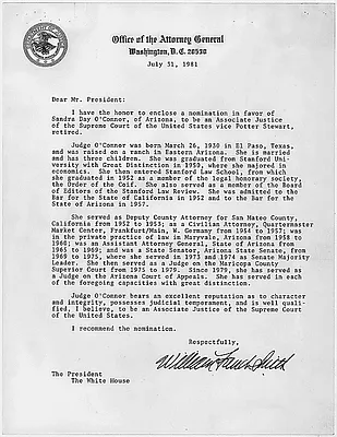Letter from William French Smith to Ronald Reagan, re Nomination of Sandra Day O'Connor to the Supreme Court