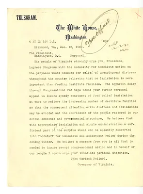 Telegram from Governor John Garland Pollard of Virginia to President Herbert Hoover