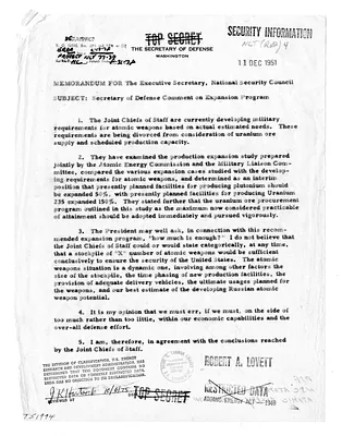 Memorandum from  Robert Lovett to the Executive Secretary, National Security Council