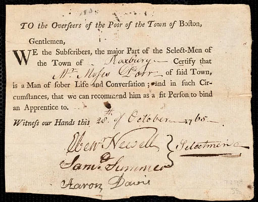 Elizabeth Kellam indentured to apprentice with Moses Dorr of Roxbury, 30 October 1765