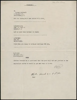 Frank R. Lopez telegram (copy) to Joseph Coldwell, O. Maraviglia, A. Calvani, and R. Piesco, [Boston, Mass.], March 3, [1923]