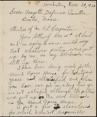 Hyman Gerowsky autograph letter signed to Sacco-Vanzetti Defense Committee, Dorchester, Mass., December 29, 1923