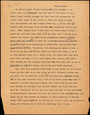 Nicola Sacco typed letter (copy) to [Elizabeth Glendower Evans], [Dedham], 18 June 1926