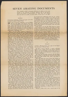 Sacco-Vanzetti Case Records, 1920-1928. Printed Materials. Committee on Social Justice of the Community Church: " Seven Amazing Documents," n.d. Box 42, Folder 17, Harvard Law School Library, Historical & Special Collections