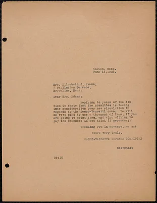 Sacco-Vanzetti Defense Committee typed letter (copy) to Elizabeth Glendower Evans, Boston, Mass., June 14, 1926