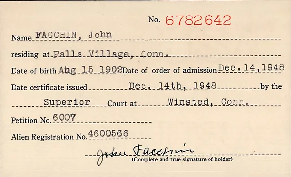Naturalization Index, Litchfield County Superior Court, 1907-1972, Facchin-Kozlowski
