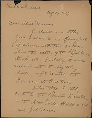 Alice Stone Blackwell autograph letter signed to Mary Donovan, Chilmark, Mass., August 14, 1927