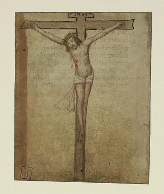 Single Leaf and Fragment with Crucifixion and Colophon
