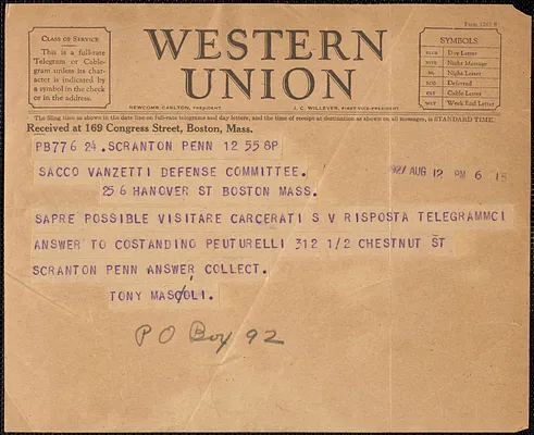 Tony Mascoli telegram to Sacco-Vanzetti Defense Committee, Scranton, Pa., August 12, 1927