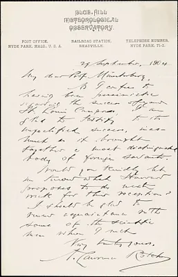 Rotch, Abbot Lawrence, 1861-1912 autograph letter signed to Hugo Münsterberg, Hyde Park, Mass., 29 September 1904