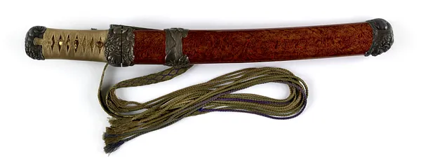 Dagger (aikuchi) with red and gold lacquer saya, silver lion mounts (includes 51.1205.1-51.1205.3)