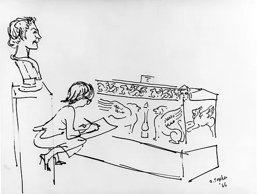 Court, girl sketching a sarcophagus