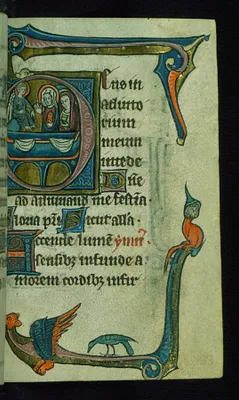 Leaf from Book of Hours: None, Initial ""D"" with 3 Marys at the Tomb of Christ with Marginal Drollery of a Bird and Anthropomorphic Creatures