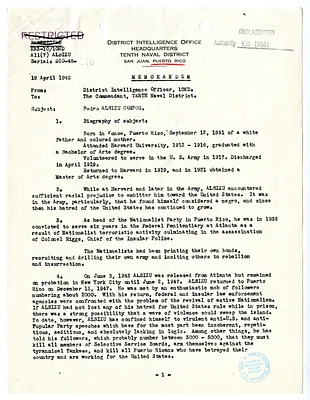 Memorandum from the District Intelligence Officer to the Commandant to the Tenth Naval District, with Related Material