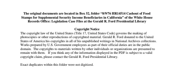 1976/08/10 HR14514 Cashout of Food Stamps for Supplemental Security Income Beneficiaries in California
