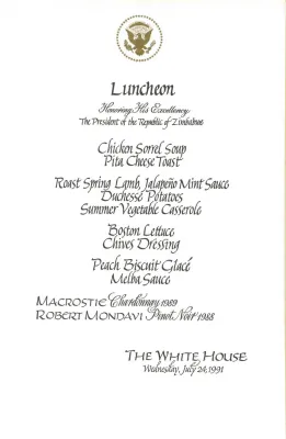 Cards-Menus, Luncheon, Honoring His Excellency The President of the Republic of Zimbabwe, The White House, July 24, 1991