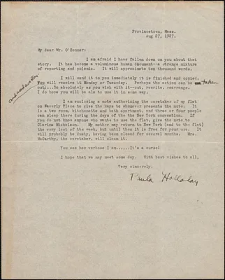Paula Holladay typed letter signed to [Thomas] O'Connor (Citizens National Committee for Sacco and Vanzetti], Provincetown, Mass., August 27, 1927