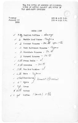Shopping List for Tea for Wives of Members of Congress, Wives of Little Cabinet and Wives of Top Army-Navy Officers