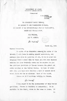 Translation of Toast by President of the French Republic Vincent Auriol to President Harry S. Truman