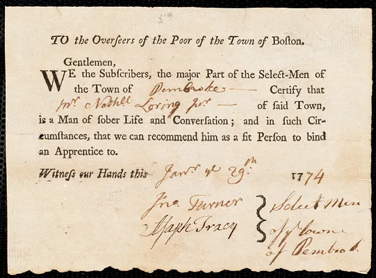 William Cogsell Barratt indentured to apprentice with Nathaniel Loring, Jr. of Pembroke, 4 February 1774