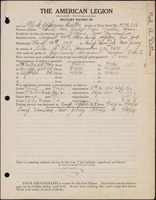 American Legion military record of Mark Alphonsus Dutton