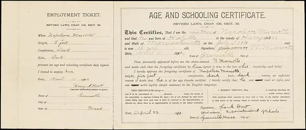 Age and schooling certificate, Napoleon Marcotte