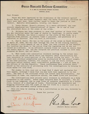 Robert Morss Lovett (Sacco-Vanzetti Defense Committee) typed letter (circular), Boston, Mass., [March? 1922]