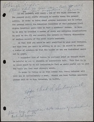 Rough draft of letter about developing a LCRC speakers’ bureau