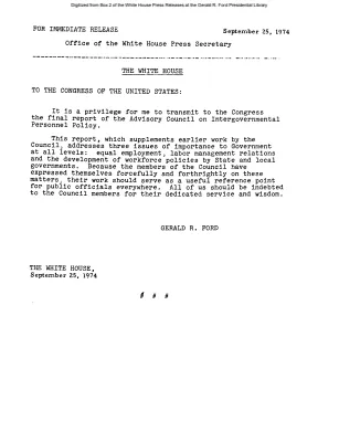 President's Statement to Congress on Final Report of the Advisory Council on Intergovernmental Personnel Policy