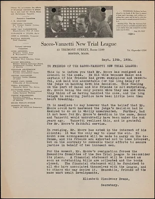Elizabeth Glendower Evans (Sacco-Vanzetti New Trial League) typed letter (circular) to Friends of the Sacco-Vanzetti New Trial League, Boston, Mass., September 12, 1924