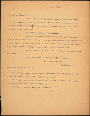 Bartolomeo Vanzetti typed note (copy) to Alice Stone Blackwell, [Charlestown], 6 October 1924