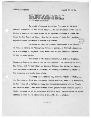 White House Press Release, Joint Statement by President Harry S. Truman and General Charles de Gaulle