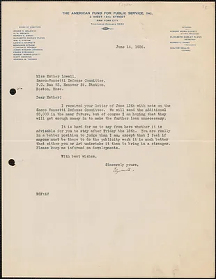 Elizabeth [Gurley Flynn] (The American Fund for Public Service, Inc.) typed letter signed to Esther Lowell (Sacco-Vanzetti Defense Committee, Boston), New York, N. Y., June 14, 1926